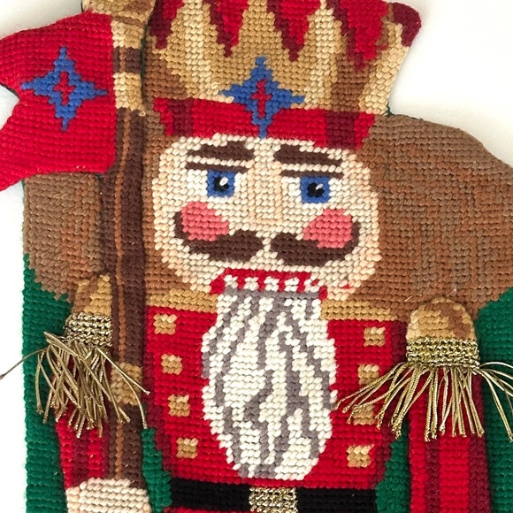 Vintage Needlepoint Wool Christmas Stocking Nutcracker Teddy Bear 3D Effect - Picture 3 of 10